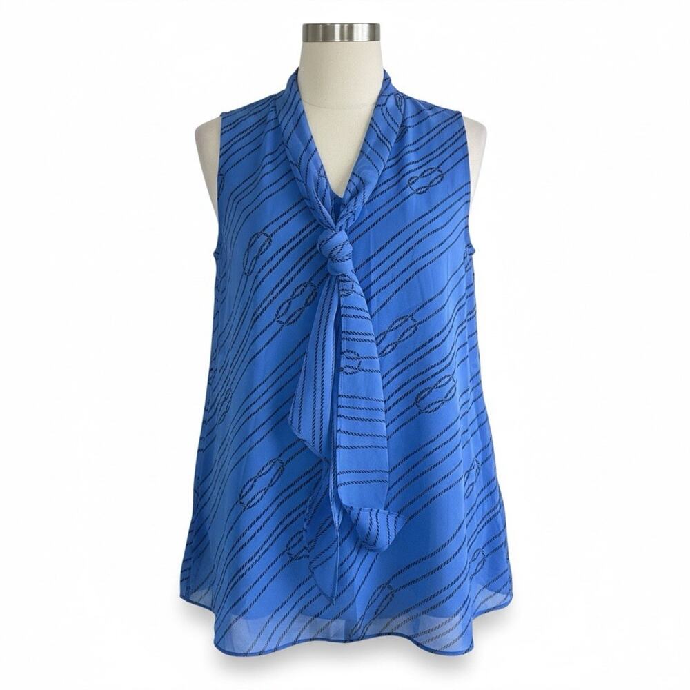 Susan Graver Size L Blue Nautical Print Chiffon Overlay Tunic Tank Top Blouse